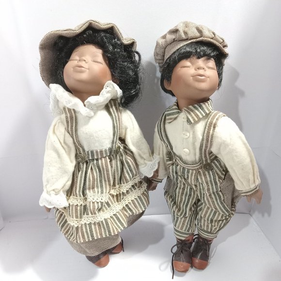 Pair of  African American  Porcelain 10'' Dolls Boy Girl  Sunday Best - Picture 2 of 10